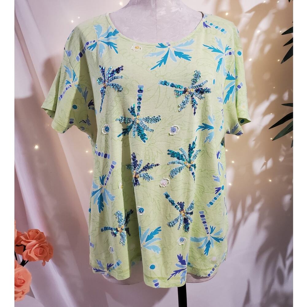 Lulu-B Sequin Beaded Embellished Palm Tree Short Sleeve Top Womens Plus Size 1X